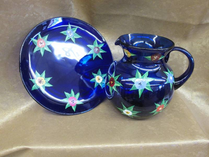 lot 64 image: Hand Painted Pitcher & Plate Cobalt...