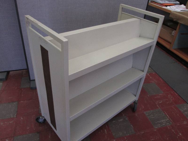 lot 97 image: 3 Level 2 Sided Metal Book Cart...
