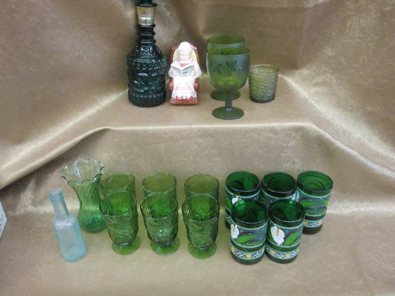 lot 133 image: 2 Sets Green Glasses, Goblets, Vase...