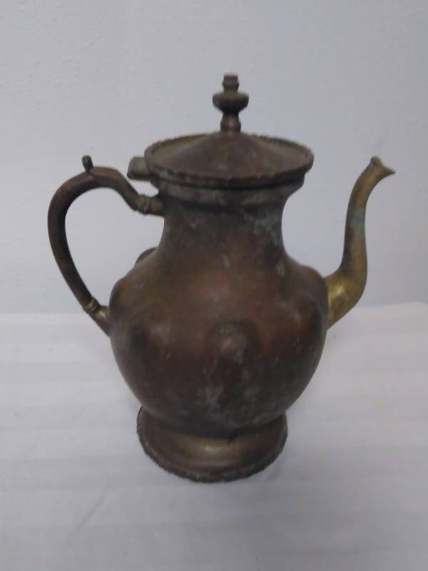 lot 21 image: CopperBrass Antique CoffeeTea Server, height is 9 in.