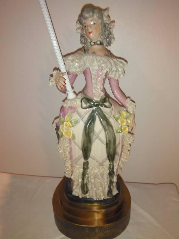 lot 73 image: Antique Lamp, Nearly 100 yrs old ornate porcelain cloth woman umbrella