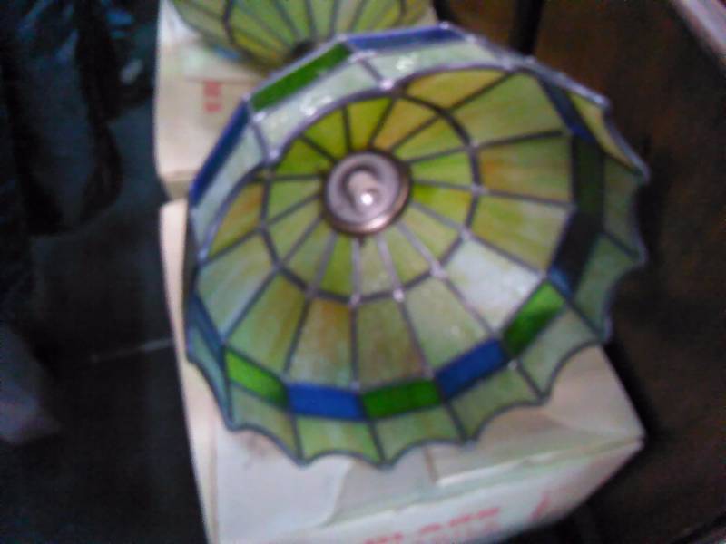 lot 150 image: Stained Glass Lamp, Green and Blue, Chain Ceiling Mount