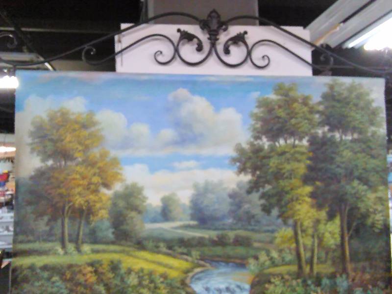 lot 183 image: Landscape Painting, Oil on Tapestry,  Scrolled Black Metal Hangers