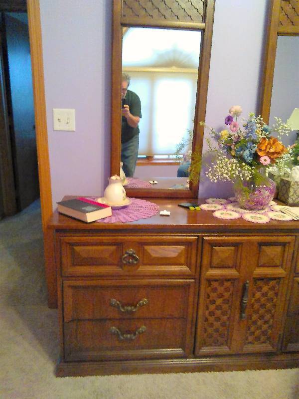 lot 263 image: Vintage Solid Wood Triple Dresser and Mirror