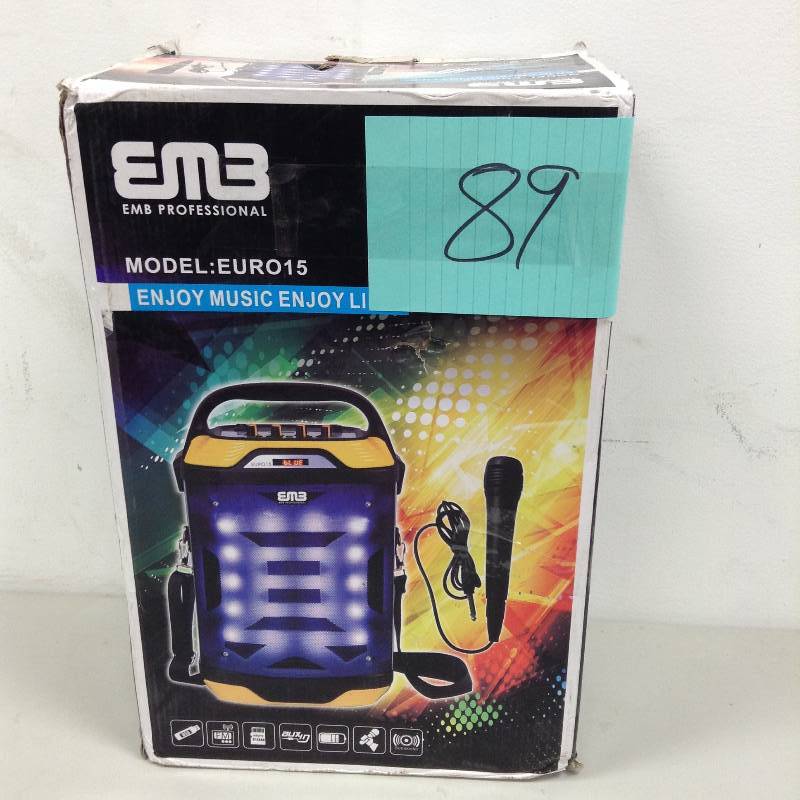 lot 89 image: EMB Professional EURO15 Rechargeable Portable Bluetooth Boombox Speaker System w SDTF SLOTUSBMP3 PlayerLED Lights  Microphone
