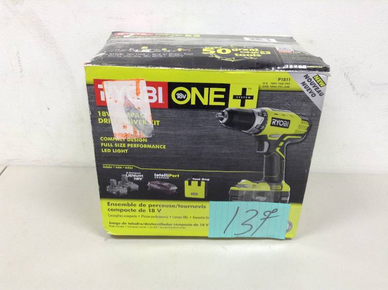 lot 137 image: Ryobi ONE 18-Volt Lithium-Ion Compact DrillDriver Kit open box Never uset