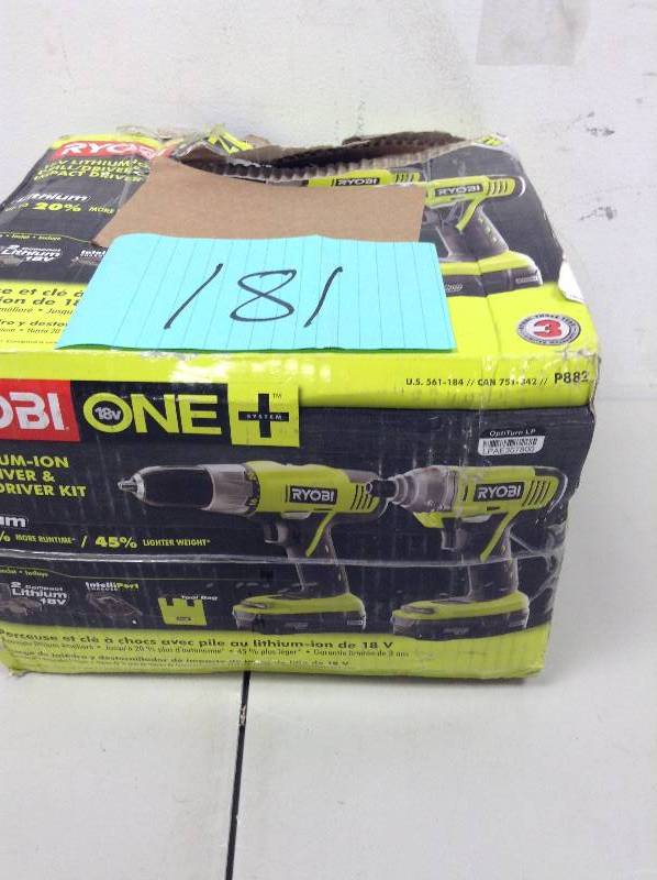 lot 181 image: Ryobi ONE 18-Volt Lithium-Ion Cordless DrillDriver and Impact Driver Kit (2-Tool and 1 battery and 1 Charger)