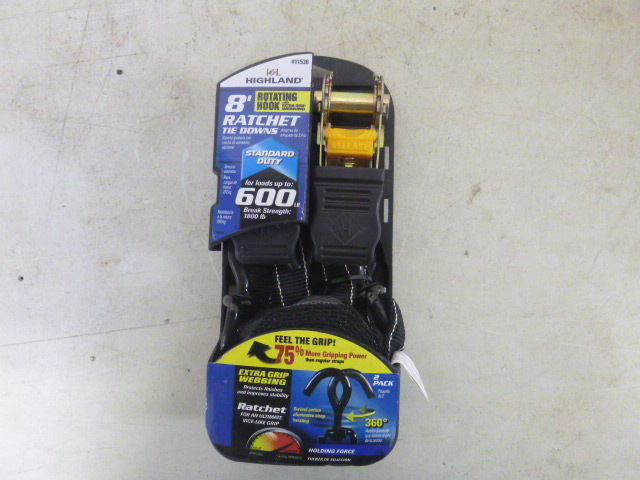 lot 63 image: 2 Packs of Highland Ratchet Tie Downs with Swivel J Hooks