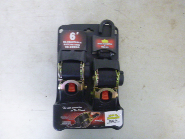lot 65 image: 2 Packs of Erickson Re-Tractable Ratcheting Tie Downs with J Hooks