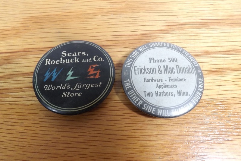 lot 26 image: 2 Vintage Sears Roebuck and Co., and Erickson & Mac Donald Button Knife Sharpeners