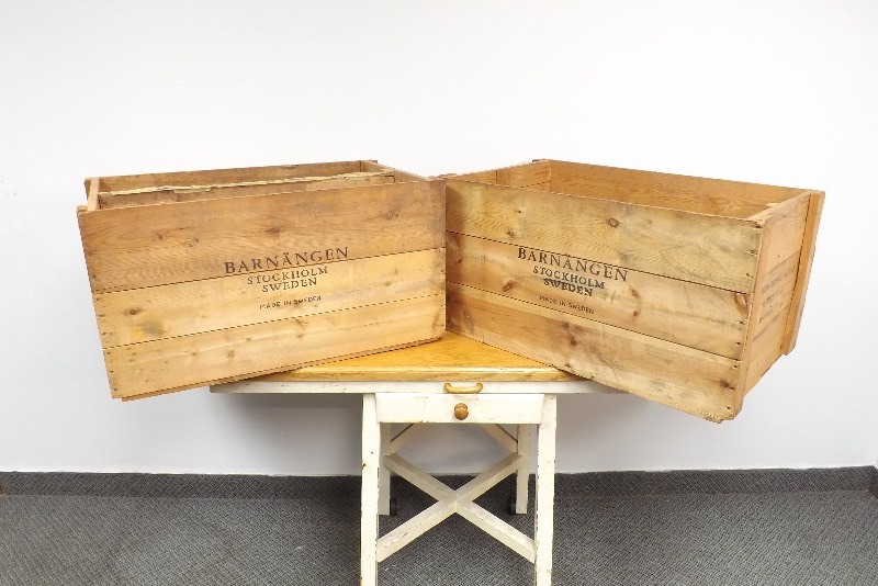lot 39 image: 2 Large Vintage Barnangen Stockholm, Sweden Wood Crates
