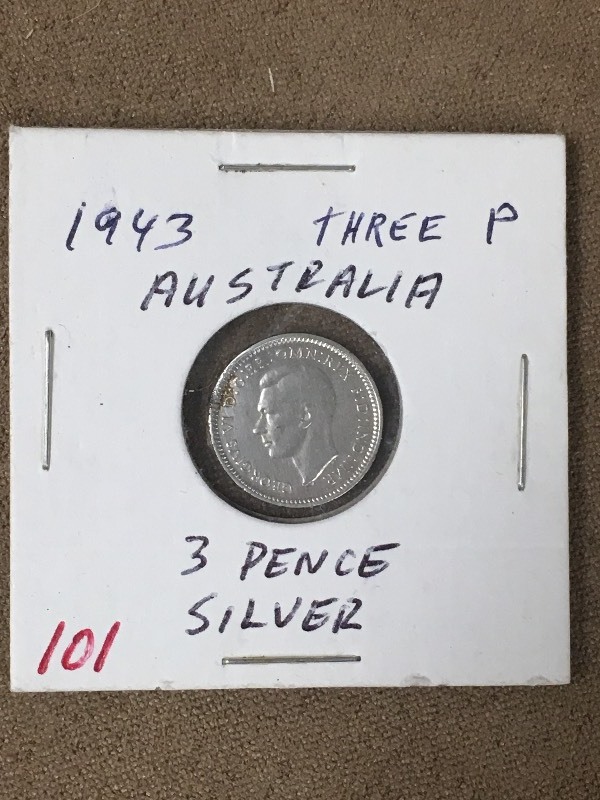 1943 Austraila Silver 3 Pence Coin...
