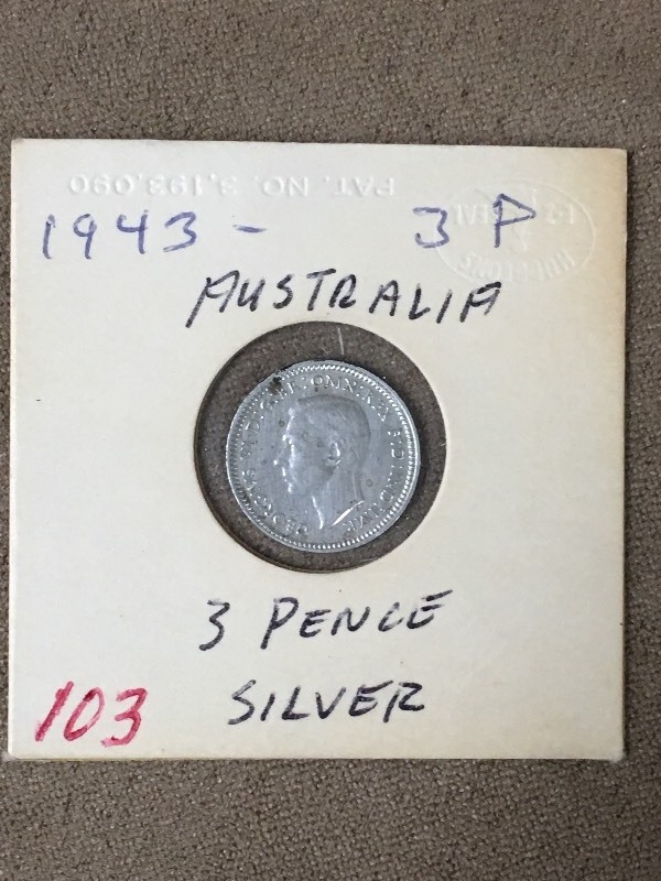 1943 Austraila Silver 3 Pence Coin...