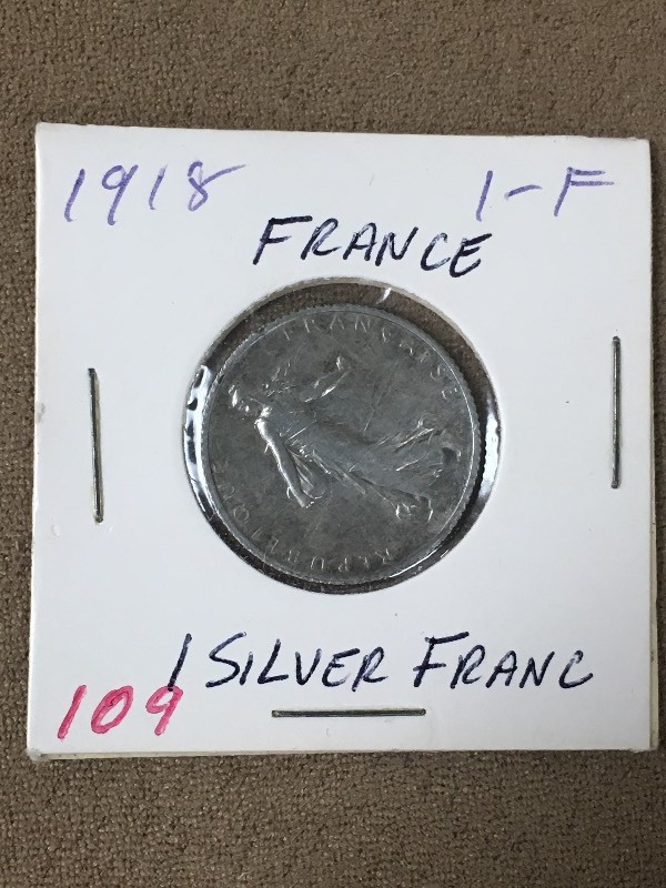1918 France Silver 1 Franc Coin...