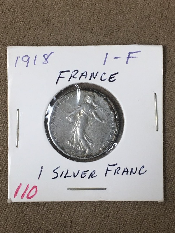 1918 France Silver 1 Franc Coin...