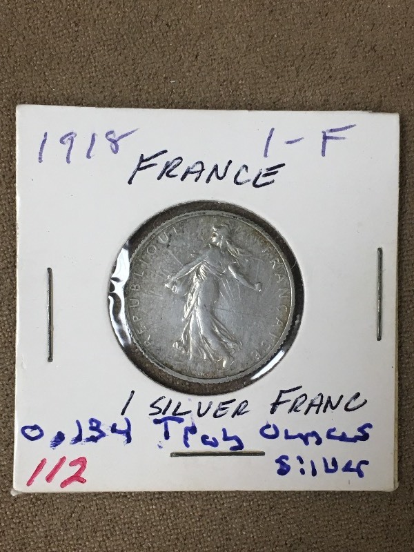 1918 France Silver 1 Franc Coin...