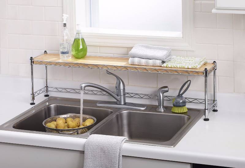 lot 68 image: McLeland Design Chromed Metal and Birch Kitchen Shelf