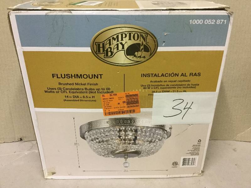 lot 34 image: Hampton Bay 3-Light Brushed Nickel Flushmount with Crystal Accents Never used