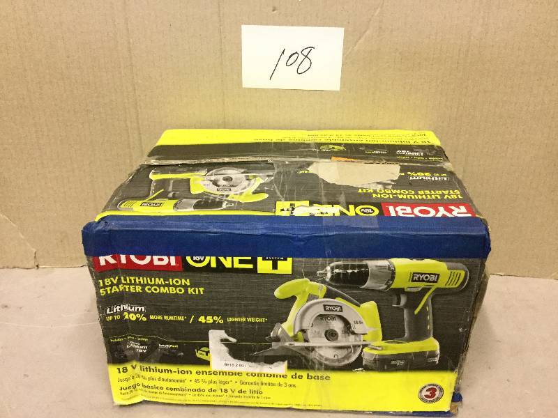 lot 107 image: Ryobi ONE 18-Volt Lithium-Ion Cordless Starter Combo kit only one battery included - in like new condition