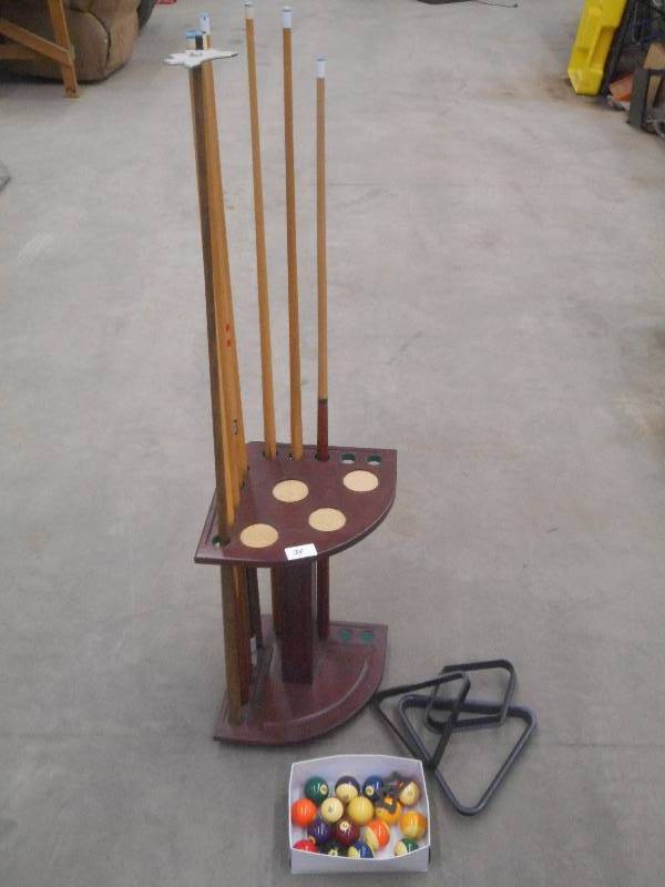 lot 35 image: Pool Stick Rack With (7) Sticks, (1...