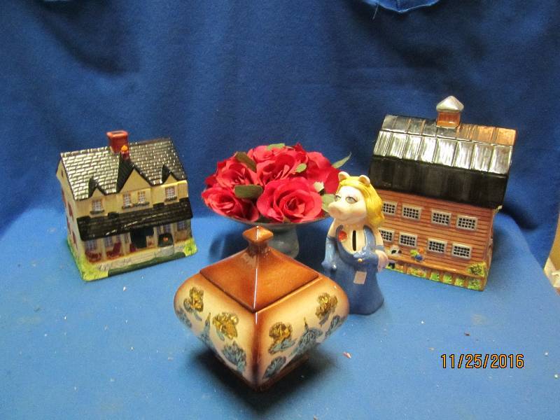 Cookie jars, piggy bank and silk fl...