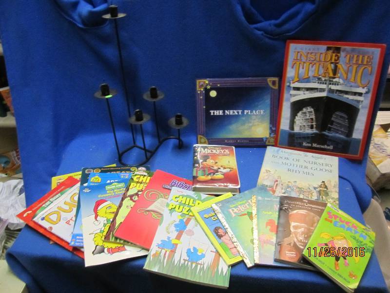 Kids books, Mickey movie and candle...