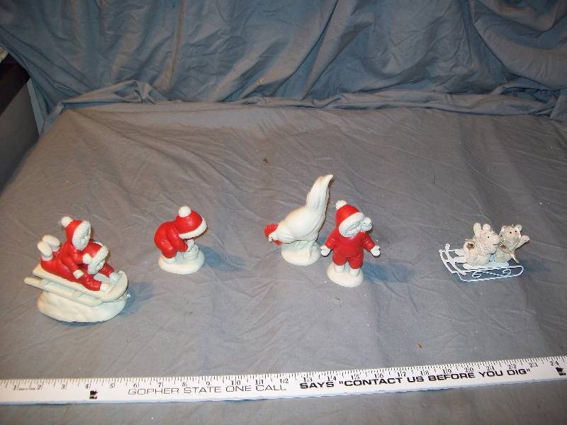 lot 57 image: 3- Dept 56 Babies on the Farm Snow Babies with Red Accents with Rooster & Kurt Adler 2 Bears on Sled