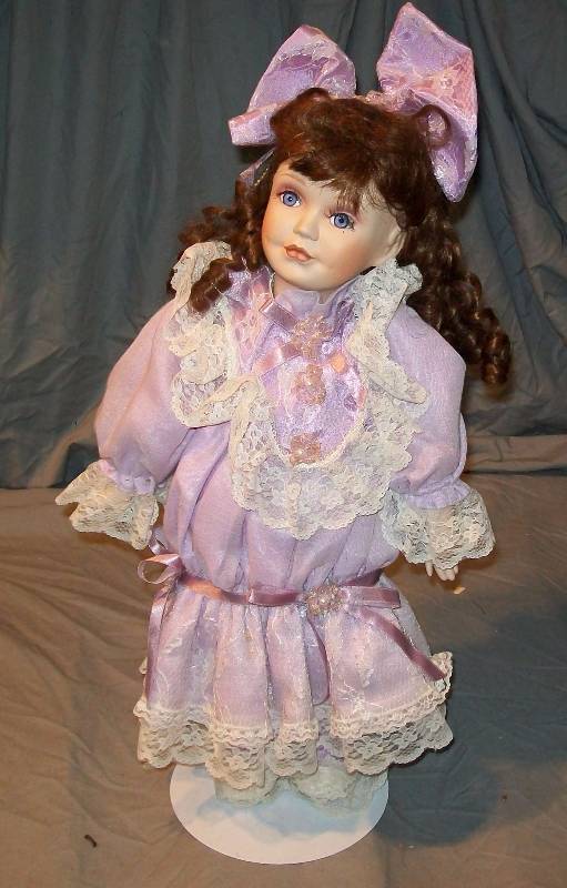 lot 67 image: 18 on Stand. Franklin Heirloom Doll, Finely Detailed Bisque Porcelain Head, & Victorian Era Clothing
