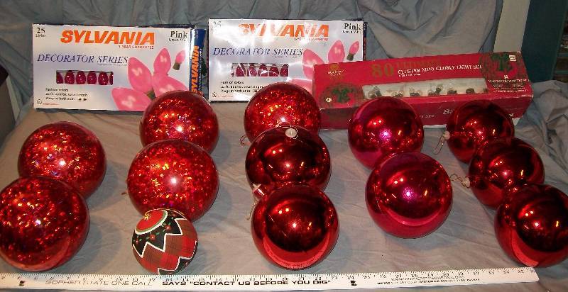 lot 69 image: Lot of 3 packages of Holiday Christmas Strings of lights & 13 Plastic Hanging Bulbs.