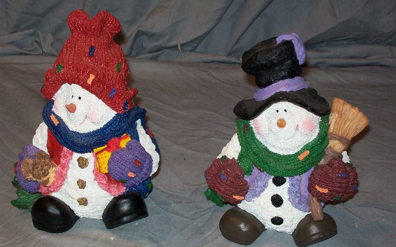 lot 72 image: 2- 8 Short Snowman, Finely Detailed with Hats, Scarves, Mittens & Boots.