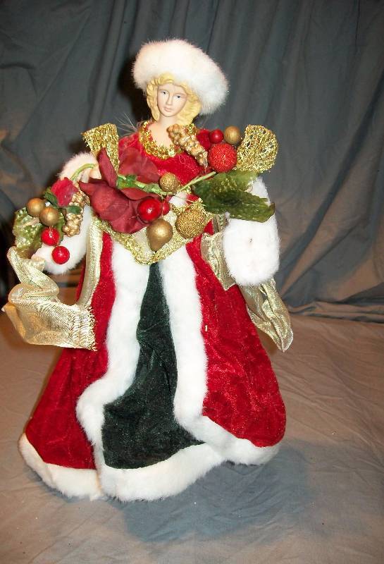 lot 76 image: 17 Christmas Lady Tree Topper, Maybe missing her wings. Dressed in Exquisite Christmas Attire.