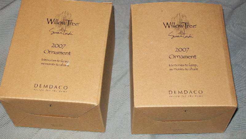 lot 100 image: 2- Vintage 2007 Willow Tree by Susan Lordi Hanging Ornament in original Boxes. Memories to Keep, memories to share
