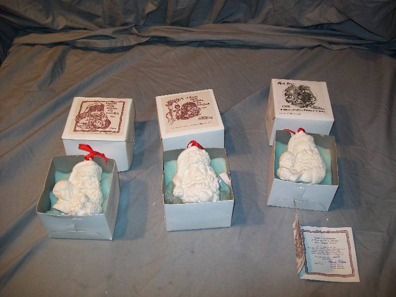 lot 101 image: 3- Vintage Mark Klaus Christmas Hanging Ornaments3d Diorama 2 Sided Details All in Original Boxes