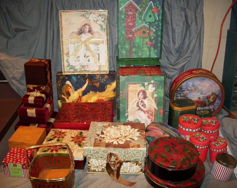 lot 110 image: 20 Assortment of Gift Boxes, Some Stack-able, Some Fancy, Some Metal, Some Wood, Some Cardboard,