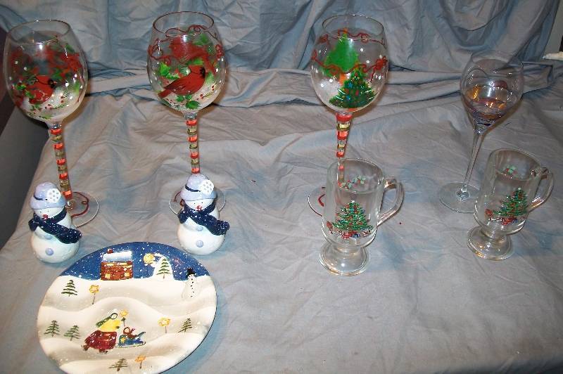 lot 121 image: Assorted hand Painted GlassesHot Toddy MugsSnowman Salt&Pepper ShakersSmall Plate