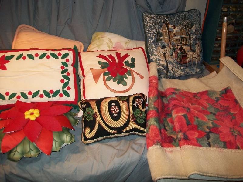 lot 124 image: 7- Pillows Different Sizes, & 2 Poinsettia Small Area FloorDoor Rugs.