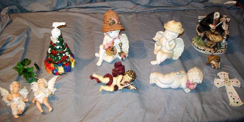 lot 130 image: Holiday Soap Dispenser, 6- Assorted Cherubs, Old Man Playing Fiddle On Bench with DogPorcelain Bisque (Needs RepairHead Fell Off)