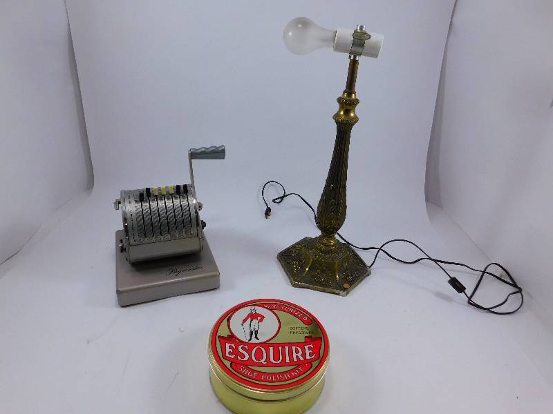 lot 44 image: Lot of Vintage Items - Paymaster Checkwriter X-900, Lamp, Shoe Polishing Kit