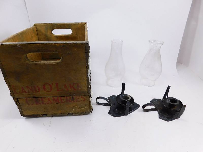 lot 58 image: Vintage Land O Lakes Creameries Wood Box, Lantern Globes, and Candle Holders