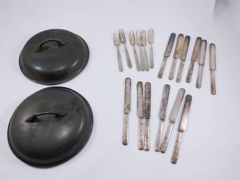lot 15 image: Lot of 1847 Roger Bros Butter Knifes and Forks and 2 Cast Iron Covers 8D