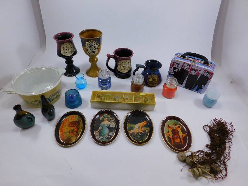 lot 18 image: Lot of Misc. Items - Beatles Lunchbox, Renaissance Festival Goblets, Yankee Candles, etc..
