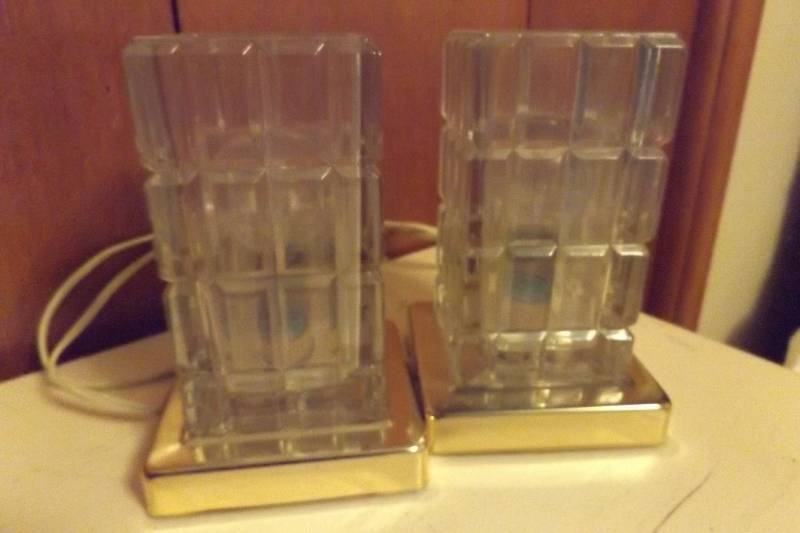 lot 172 image: Matching cut glass lamps, square shape, gold base
