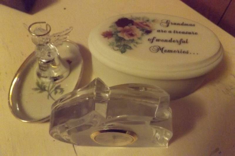 lot 180 image: Grandma trinket box, clock in cut glass, glass angel bell, vintage ring holder