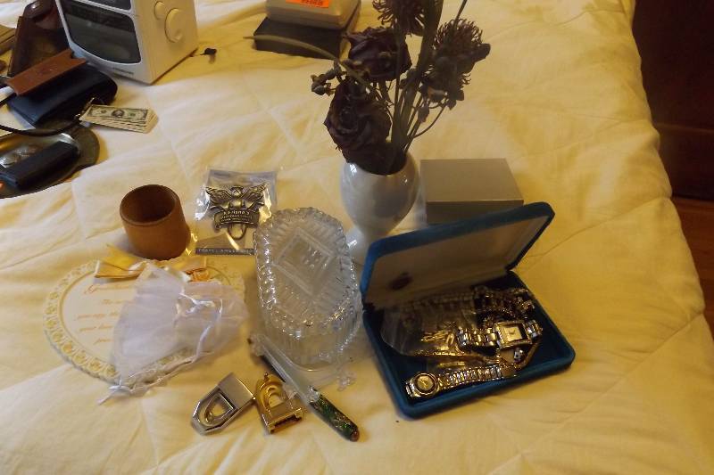 lot 191 image: Cut glass trinket holder, womens watches some with links, earrings, rhinestone jewelry that needs repair