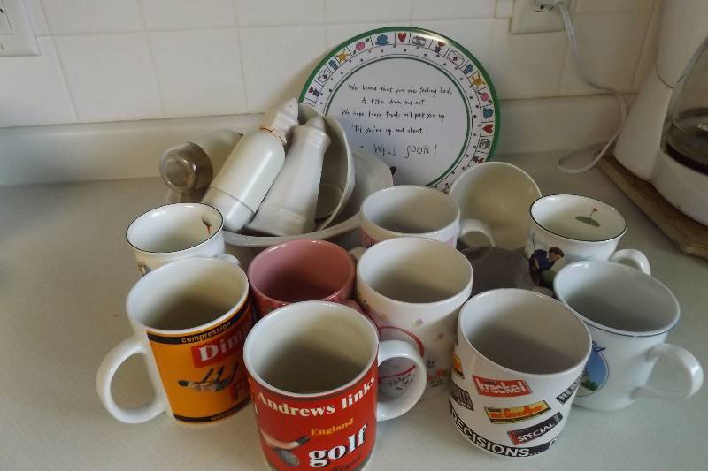 lot 220 image: Novelty mugs, salt and pepper, condiment server with spoon