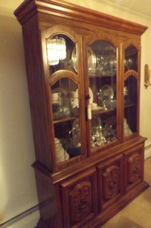 lot 242 image: China cabinet, 3 shelves, 3 glass panes above, 3 wood panes below  NOTE  Contents of cabinet are NOT included in this lot