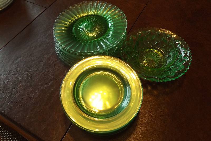 lot 246 image: Green glass, clear dishes, designed dished, bowls with design, candlesticks
