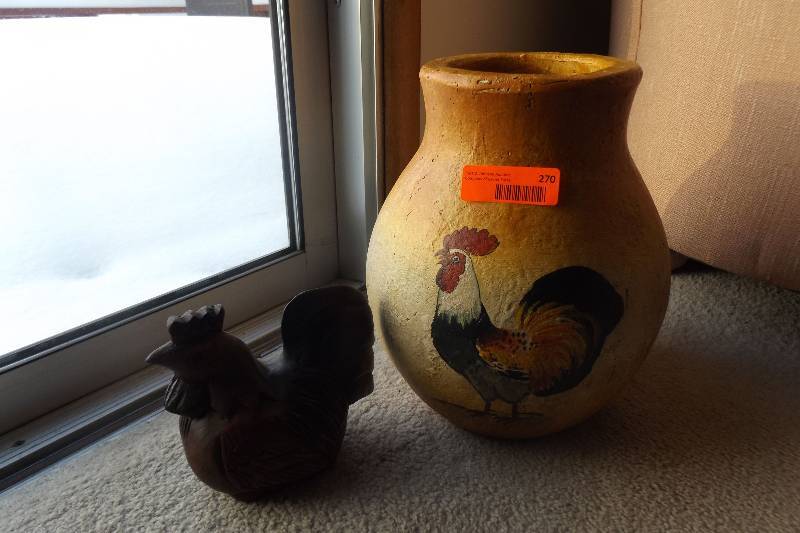 lot 270 image: Wood carved rooster and rooster planter
