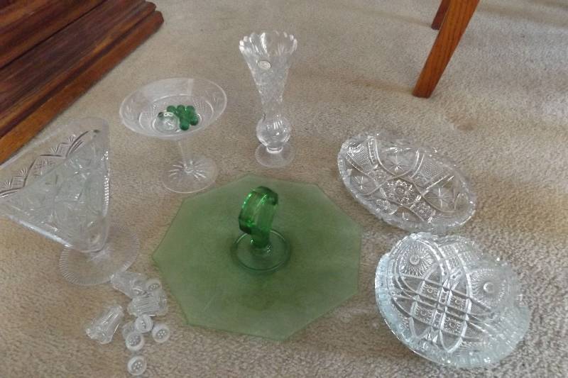lot 278 image: Crystal vases, unique shapes, green glass candy dish