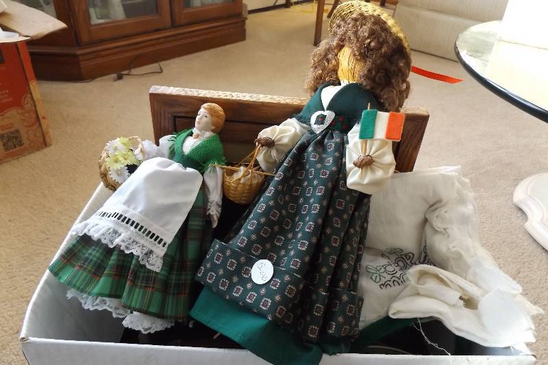 lot 445 image: Irish lot, irish dolls, glasses, plate, prayer, more